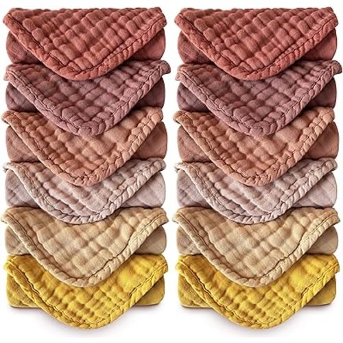 MOON PARK Baby Washcloths, 12 Pack - 12x12 Inches, Small Burp Cloths and Baby Wipes - 100% Cotton Muslin Ultra Soft for Newborn, Infant and Toddlers - Brown, Honey and Bean Paste Series