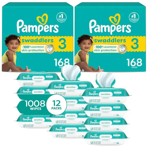 Pampers Swaddlers Disposable Baby Diapers Size 3, 2 Month Supply (2 x 168 Count) with Sensitive Water Based Baby Wipes 12X Multi Pack Pop-Top and Refill (1008 Count)