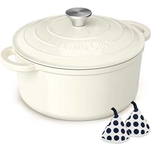 Enameled Cast Iron Dutch Oven - Umite Chef 5QT Pot with Lid & Cotton Potholders - Heavy-Duty Cookware for Bread Baking, Braising, Stews, Roasting(Cream White)