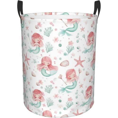 Mermaid Starfish Laundry Basket Waterproof Freestanding Laundry Hamper With Handles Foldable Clothes Organizer For Bathroom, Bedroom And Dorm Small