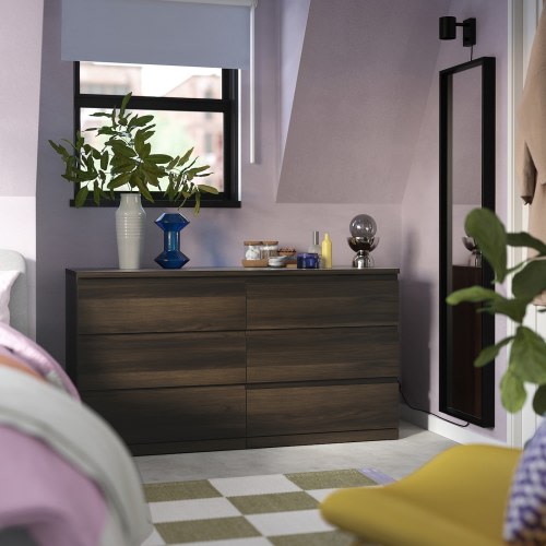 STORKLINTA 6-drawer dresser - dark brown/oak effect anchor/unlock function 55 1/8x18 7/8x29 1/2 "