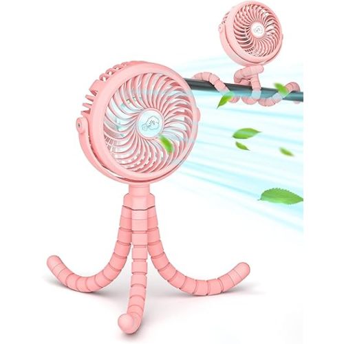 Creiv Stroller Fan, Baby Stroller Fans Clip On Car Seat, Battery Operated Portable Fan with 3 Level Wind Speeds and LED Lighting Available for Stroller, Car Seat and more (PINK)