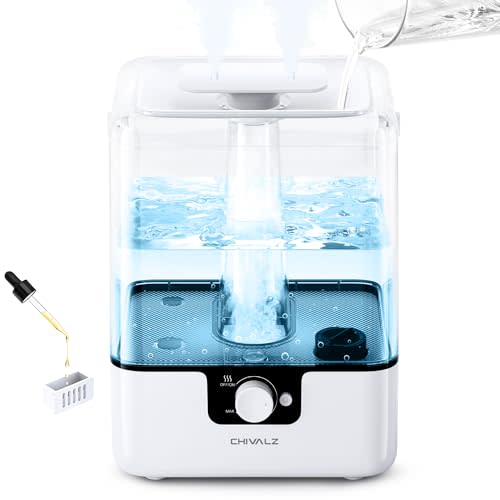 CHIVALZ 6L Humidifiers for Bedroom Large Room Home, Cool Mist Top Fill Humidifiers for Baby Nursery and Plants, 26dB Quiet, Nightlight, Up to 50 Hours, Oil Diffuser 1 Pack + 2 Mist Outlets White