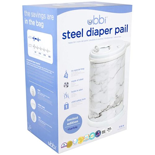 Ubbi Steel Diaper Pail, Odor Locking, No Special Bag Required, Award-Winning, Registry Must-Have, Marble