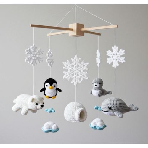 Personalized Crochet Baby Mobile,penguin Zen Garden Nursery Decor,cute Gift Penguins Lounge With Polar Bear on Icebergs Crochet Baby Mobile - Etsy