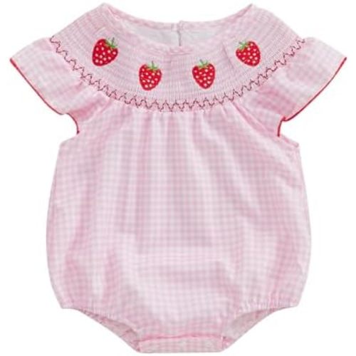Kayotuas Newborn Baby Girls Smocked Bubble Romper Cute Embroidery Ruffle Gingham Bodysuit Dress Infant Toddler Summer Clothes