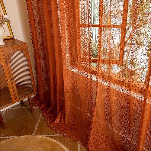 Sutuo Home Boho Lace Curtains 2 Panel Sets for Bedroom Living Room, Semi Sheer Curtains French Country Privacy Vintage Tassels Orange Victorian Style Rustic Decor Rod Pocket,50" x 96" Terracotta