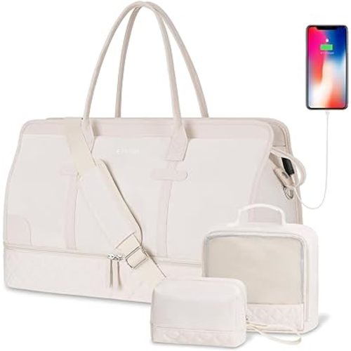ETRONIK Weekender Overnight Bags for Women, Large Travel Duffle Bags with Shoe Compartment & Wet Pocket, Carry On Tote Bag Gym Duffel Bag with Toiletry Bags for Hospital 3 Pcs Set, Large Size, Beige