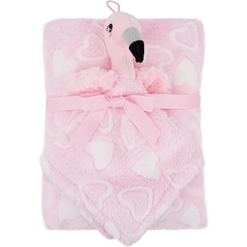 June Garden Cozy Dream Fleece Baby Security Blanket and Plush Blanket Gift Set - Infants Nursery Swaddling Bed Blankets - 15" x 15" Lovey and 30" x 38" Blanket - Stuffed Flamingo Animal Plush - Pink