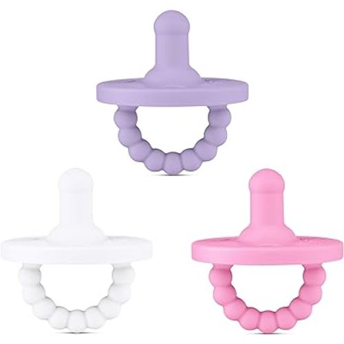 Ryan & Rose Cutie PAT All-in-One Pacifier and Teether Massaging Teething Ring and Hideaway Binky for Growing Babies (Bliss (3 Pack), Stage 1)