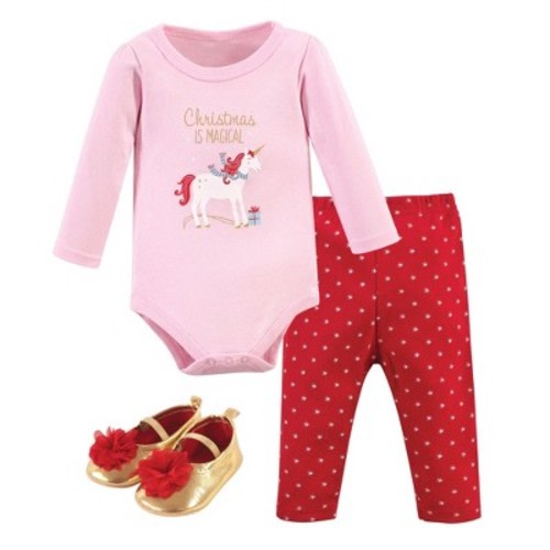 Hudson Baby Infant Girl Cotton Bodysuit, Pant and Shoe 3pc Set, Magical Christmas, 0-3 Months