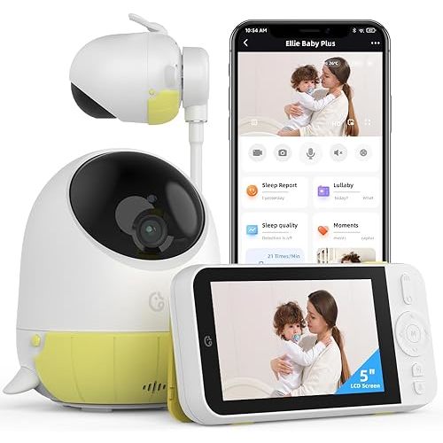 Ellie Video Baby Monitor, Full AI Function Monitor with Camera and Audio, Two Way Control for no WiFi or WiFi, Face Covered Alert, Sleep Analysis, Breathing Detection