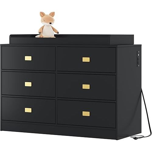 Garvee Nursery Dresser with Changing Table Top | 6-Drawer Baby Dresser with Anti-Tip Kit, Waterproof Top & Safety Rails | Non-Toxic MDF Storage Organizer for Baby Clothes, Towels (Black)
