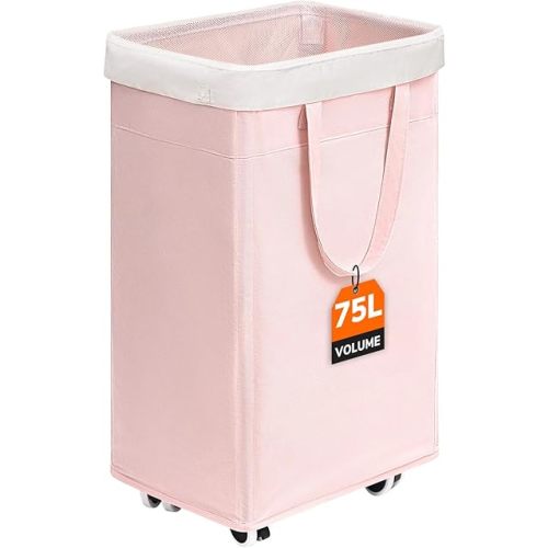 CHICVITA Slim Laundry Hamper with Wheels 75L, Collapsible Rolling Laundry Basket for Living Room, Pink Laundry Hamper for College Dorm