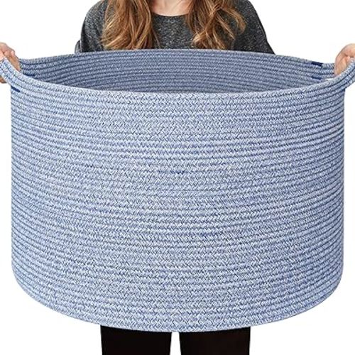 Extra Large Blue Baskets for Organizing, Blanket Storage for Living Room, Woven Laundry Storage Basket, Cotton Rope Bin for Toy, Cloth, Towel, Shoe, Pillow, Decorative Wicker Blue Room Decor