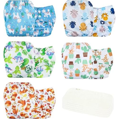 wegreeco Cloth Diapers 5 Pack with 5 Inserts, Washable Cloth Diapers for Babies, One Size Adjustable Reusable (Fresh Animal)