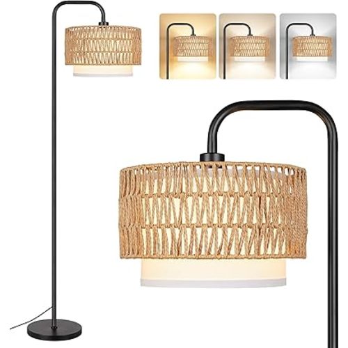 PARTPHONER 68‘’Floor Lamp for Living Room with 3 Color Temperatures, Farmhouse Standing Lamp with Remote & Dimmable Bulb, Boho Lamp Rattan & Fabric Shades, Black