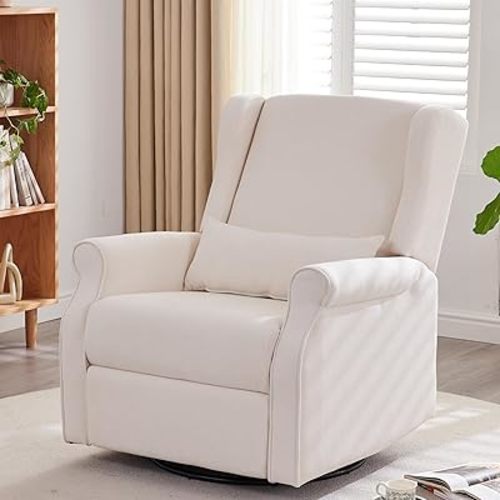 Nursery Glider Chairs, 360° Swivel Rock Recliner Chairs, Nursery Rocking Chairs with Foot Rest, Manual Nursing Reclining for Living Room, Beige