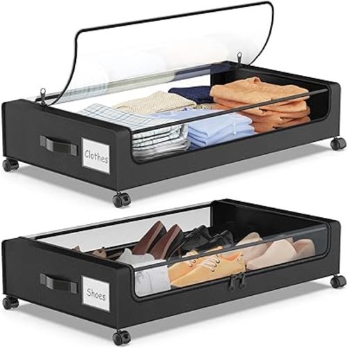 Under Bed Storage with Wheels, XXL 60L Under Bed Storage Containers, under the bed storage Organizer with Clear Lids - Rolling Drawers & Bins for Clothes,Shoes,Toys, 2-Pack (Black)