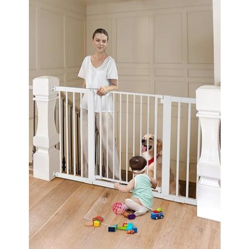 COMOMY 30" Tall Baby Gate for Stairs Doorways, Fits Openings 29.5" to 51.6" Wide, Auto Close Extra Wide Dog Gate for House, Pressure Mounted Easy Walk Through Pet Gate with Door, White