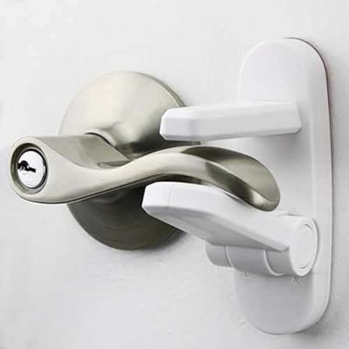 Door Lever Lock (2 Pack) Prevents Toddlers from Opening Doors. 3.25" L * 1.5" W * 4.5" H Easy One Hand Operation for Adults. Durable ABS with 3M Adhesive Backing. Simple Install, No Tools Needed.
