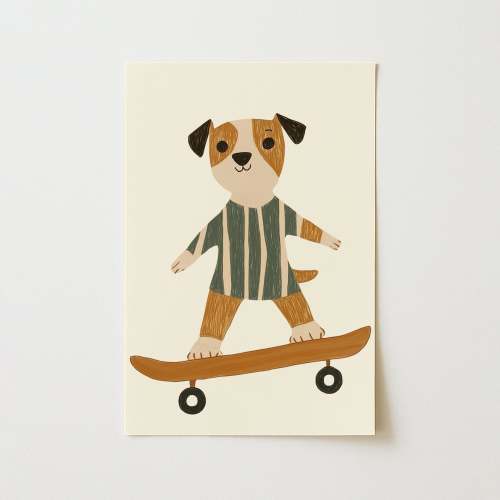 Dog on Skateboard Wall Art, Puppy Nursery Print, Boys Room Decor