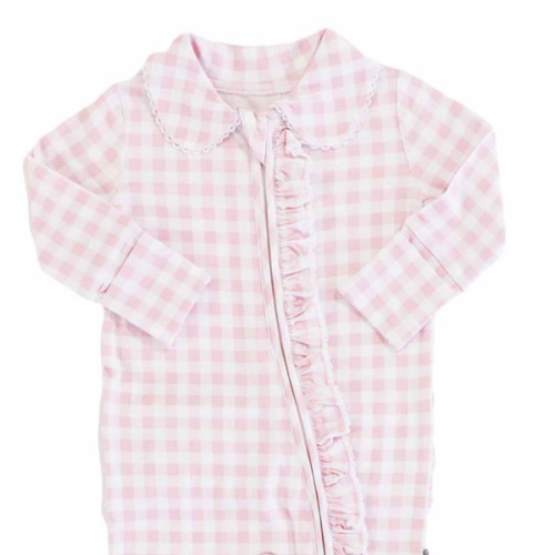 Peter Pan Collar Ruffle Zipper Footie | Rosy Gingham – Pcastbaby