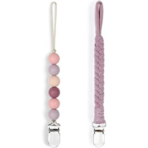 Pacifier Clips BPA Free Silicone Beaded Binky Holder and Cotton Rope/Natural Holder for Boy and Girl Teething Holder Infant 2 Pack Purple