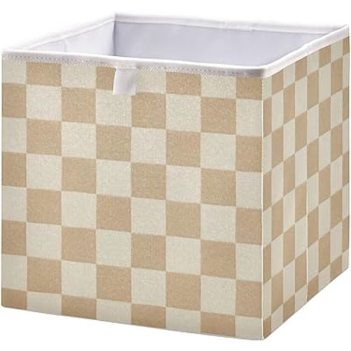 Checkered Beige Storage Bins Cube Foldable Storage Baskets Bin Waterproof Home Organizer with Handles Basket for Blanket Clothes