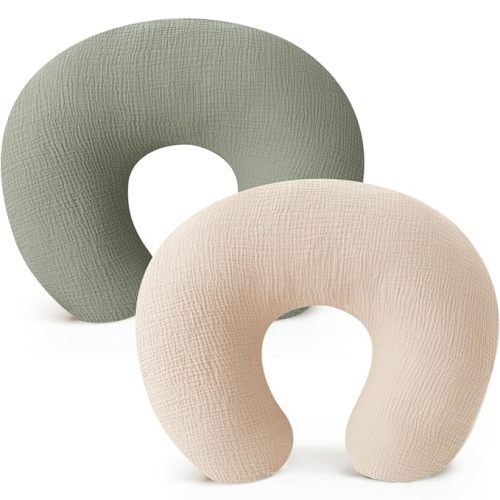 Konssy Muslin Nursing Pillow Covers, Soft and Cute Nursing Covers for Breastfeeding Pillows, Ideal for Newborn Baby Boys and Girls (Fog Green, Cream) - 2 Pack