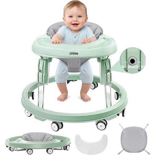 Wnttmt Baby Walker with Wheels, One-Touch Folding Portable Baby Walkers with Height Adjustment, Large Dinner Plate and Brake, Walker for Baby Boy Girls 6-18 Months, Green