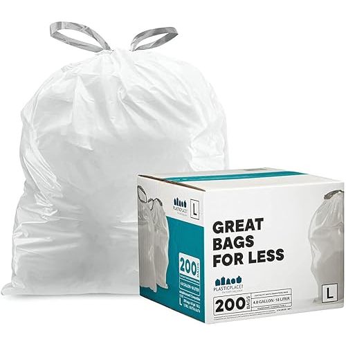Plasticplace Custom Fit Trash Bags, Compatible with Simplehuman Code L (200 Count) White Drawstring Garbage Liners 4.8 Gallon / 18 Liters, 16.75" x 24.5"