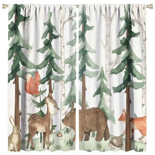 FEIRIVERDU Forest Nursery Curtains - Woodland Bear & Wildlife Theme, Blackout 42x45 Inch 2 Panels