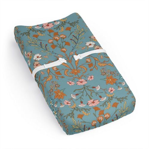 Sweet Jojo Designs Girl Changing Pad Sheet Boho Floral Wildflower Blue Orange and Pink