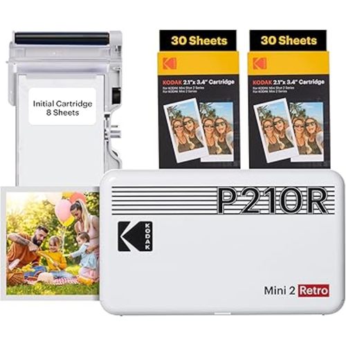 KODAK Mini 2 Retro 4PASS Portable Photo Printer (2.1x3.4 inches) Initial 8 Sheets + 60 Sheets Bundle, White