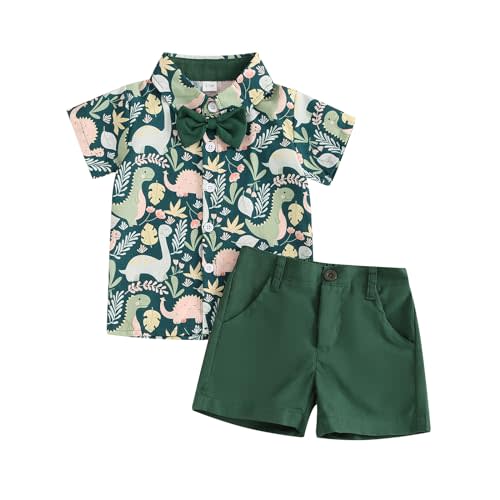 Toddler Baby Boy Clothes Shorts Set Dinosaur Print Shirt Short Sleeve Button Down Top Solid Shorts Summer Outfit