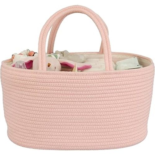 Diaper Caddy Organizer Cotton Rope Baby Basket Nursery Storage and Portable Tote Bag for Car Ideal Baby Shower Gifts and Registry Must-Have for Newborn Essentials large coral pink