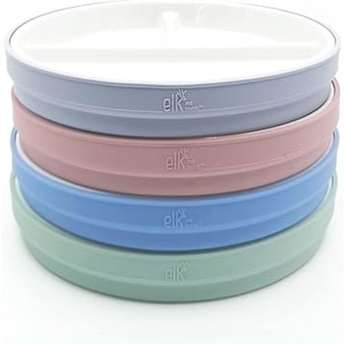 Elk and Friends Kids 7.8” Porcelain White Plates with Silicone Sleeves | Divided Plates | Suitable for Kids/Toddlers | Microwave & Dishwasher Safe | Non Slip | Snack Dishes…