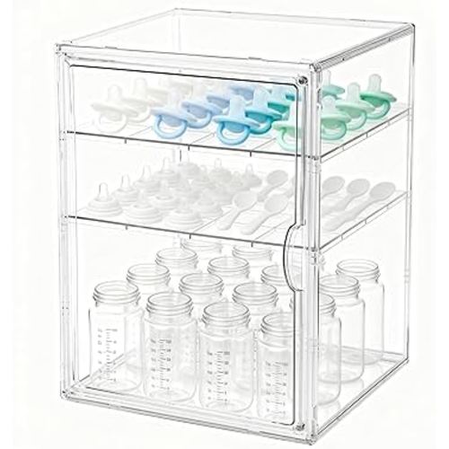 Baby Bottle Organizer, 3 Tiers Acrylic Bottle Storage Organizer Container, Clear Plastic Bottle Station Organizer with 2 Adjustable Dividers for Kitchen Countertop, Bathroom, Cabinet, Vanity