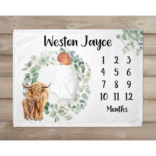 Highland Cow Milestone Blanket, Personalized Baby Boy Name Blanket, Eucalyptus, Cow and Calf, Monthly Growth Tracker, Baby Shower Gift,