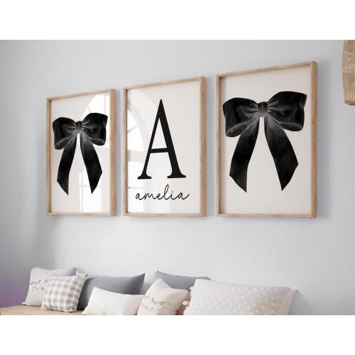Black Bow Wall Art, Custom Initial Name Art, Black and White Bow Wall Art, Black Coquette Bow Art Print, Black Bow Decor 422R