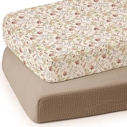 lulumoon Baby Crib Sheets Fitted: Soft Muslin Cotton Sheets for Standard Crib - Mocha Floral for Girls 2Pack