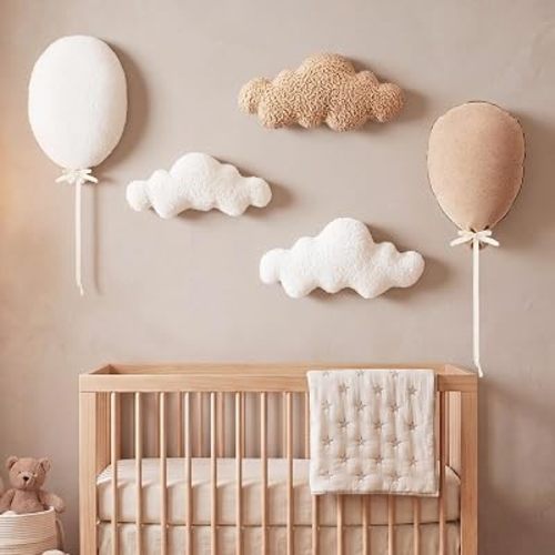 Kathfly 5 Pcs Large Nursery Wall Decor Fabric Cloud Balloon Nursery Cloud Decor Cute Baby Room Wall Art Artificial Hot Air Balloon 3D Linen Hanging Decoration for Room Bedroom Baby Shower(Brown)