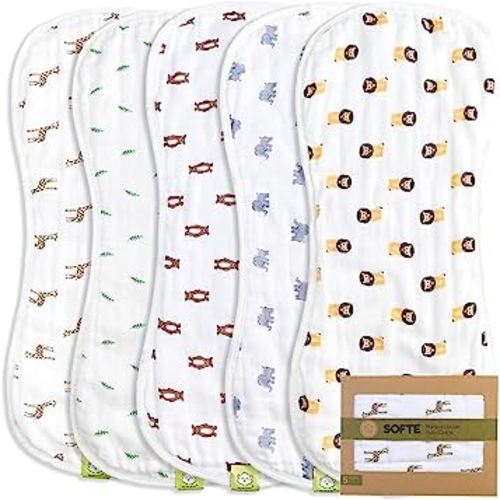 5-Pack Muslin Baby Burp Cloths - Organic White Bamboo Cotton Burp Cloth - Burp Rags - Neutral Burp Clothes for Baby Boy, Girl, Newborn, Unisex - Large Absorbent Muslin Burp Cloths (The Wild)
