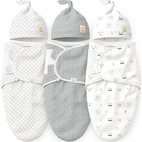KeaBabies 3-Pack Swaddles for Newborns, Girls, Boys with Hats - Organic Soft Baby Sleep Sacks, Breathable Baby Swaddle 3-6 Months Beanies Set, Premie Infant Sleep Sack 0-3 Months (Nordic)