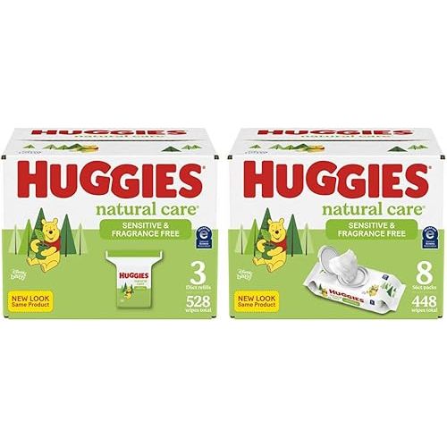 Baby Wipes Bundle: Huggies Natural Care Sensitive Baby Wipes, Unscented, 8 Flip-Top Packs (448 Wipes Total) and 3 Refill Packs (528 Wipes Total)