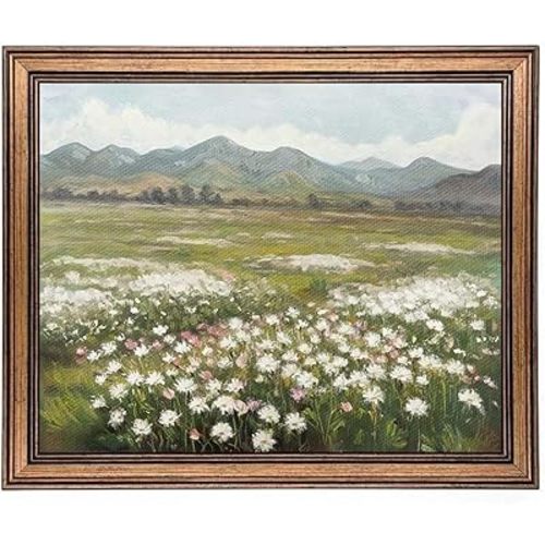 Gold Framed Wall Art Vintage Landscape Wildflowers Mountain Painting Canvas Print for Bedroom Living Room Wall Decor (wildflowers, 20L" x 16W")