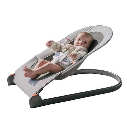 Boon Slant Portable Baby Bouncer - Folding Baby Seat for Infants - Lightweight Portable Baby Chair with Machine Washable Fabric and 3-Point Harness - Gray