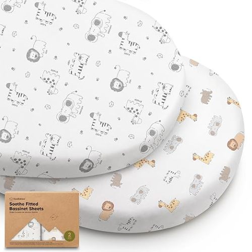 2-Pack Organic Bassinet Sheets for Girls, Boys - 100% Cotton Bassinet Mattress Sheets Compatible with Halo Bassinest Swivel Sleeper, Graco, Baby Delight, Chicco, Fitted Bassinet Sheets (KeaSafari)