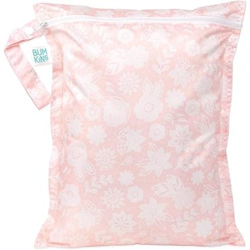 Bumkins Waterproof Wet Bag for Baby, Travel, Swim Suit, Cloth Diapers, Pump Parts, Pool, Gym Clothes, Toiletry, Strap to Stroller, Daycare, Zipper Reusable Bag, Wetdry Packing Pouch, Lace Pink